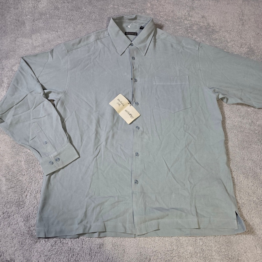 Anthology Mens L Button Down‎ Shirt Celedon Green 100% Washable Silk Herringbone